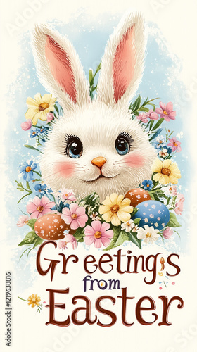A charming postcard displays a joyful bunny surrounded by vibrant flowers and colorful Easter eggs. The inviting message Greetings from Easter adds to the nostalgia of the design