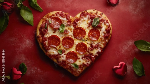 heart-shaped pepperoni pizza with melted cheese for valentine's day