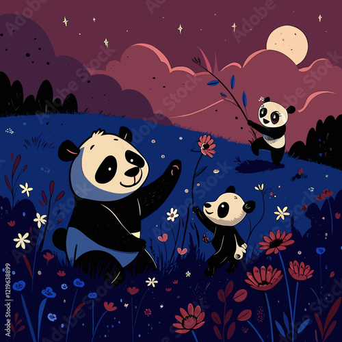 Pandas playing in a flower field under a starry pink sky