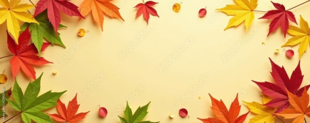 Colorful leaves falling from a square paper mockup on beige background, green, leaves Colorful leaves falling from a square paper mockup on beige background, green, leaves