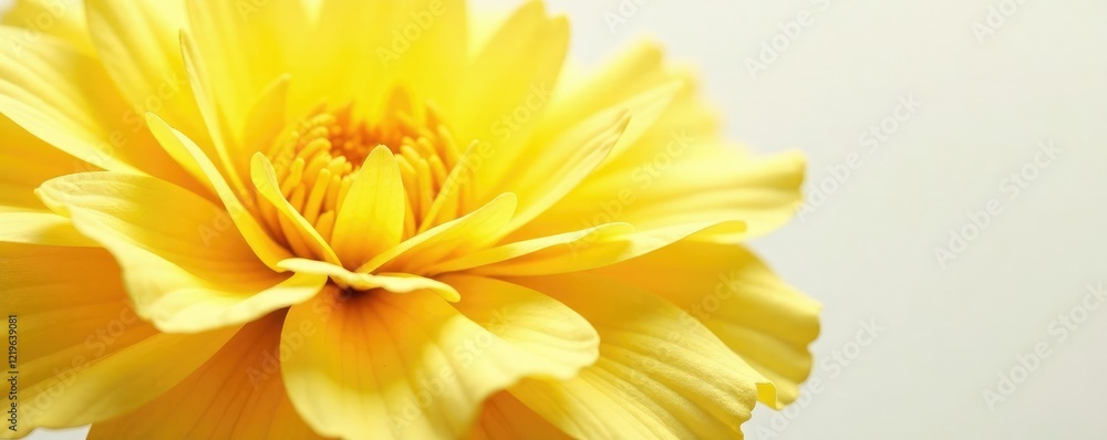 Fototapeta premium Bright yellow marigold petals against a soft white background, flower, petals