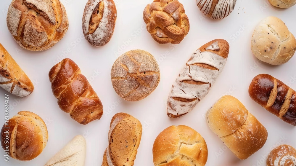 Top view, close up, minimalitic photo, various kinds of appetizing bread scattered arrangement on white Top view, close up, minimalitic photo, various kinds of appetizing bread scattered arrangement on white