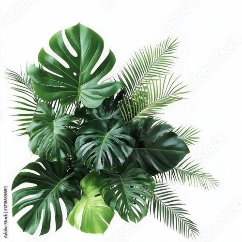 This stunning collection showcases diverse tropical foliage, with lush green leaves and striking palm branches, perfect for design and decoration in various indoor and outdoor settings