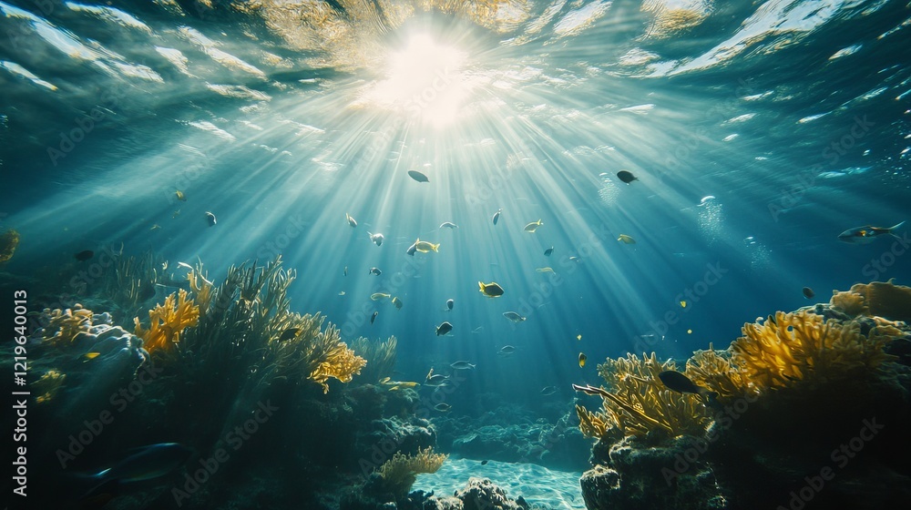 Fototapeta premium Stunning Underwater Scene Vibrant Coral Reef Tropical Fish Sunlight Rays Ocean Life Aquatic Nature Beautiful Underwater World Peaceful Serene Aquatic Ecosystem 