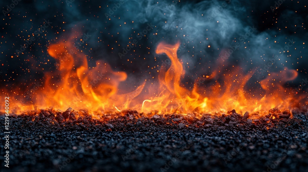 Fiery asphalt inferno, smoke, sparks, night, background, danger, texture Fiery asphalt inferno, smoke, sparks, night, background, danger, texture