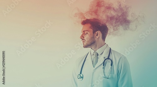 A young male doctor with smoke emanating from his head, conveying a sense of mental pressure or stress.  The image uses a soft color palette and creates a contemplative mood. photo