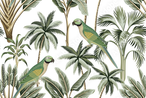 Tropical vintage palm leaves, green parrot, palms seamless pattern white background. Exotic jungle floral wallpaper.