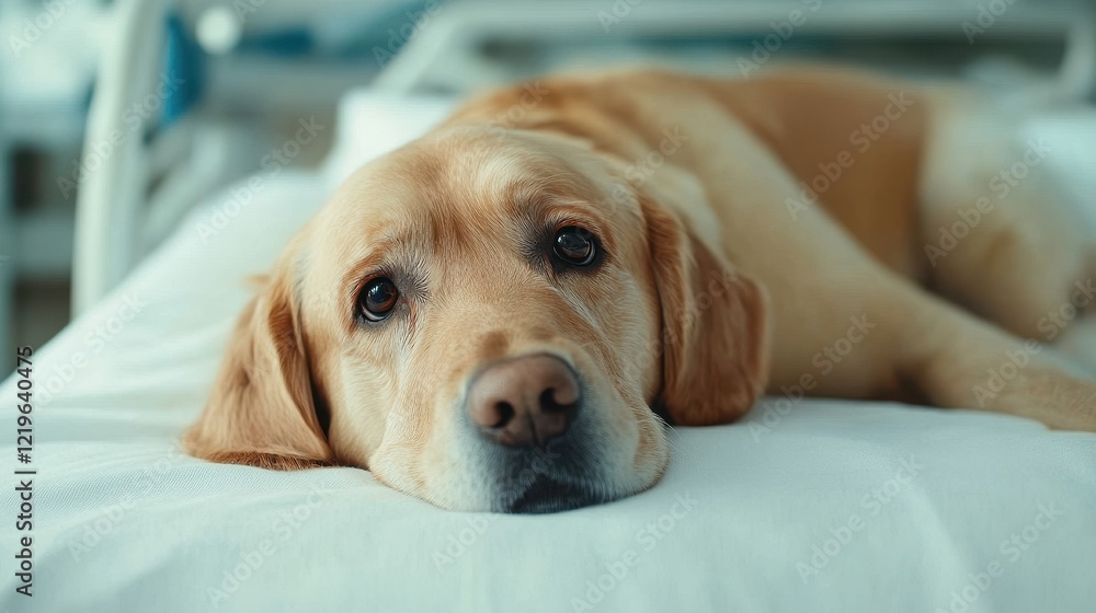 A relaxed yellow Labrador retriever resting peacefully on a hospital bed. A relaxed yellow Labrador retriever resting peacefully on a hospital bed.