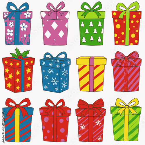 Cartoon vector gift box. Christmas presents, gifting boxes and present winter holidays gifts. Secret boxing with surprises, greeting giftbox decor isolated icon set. Multilayer SVG file.
