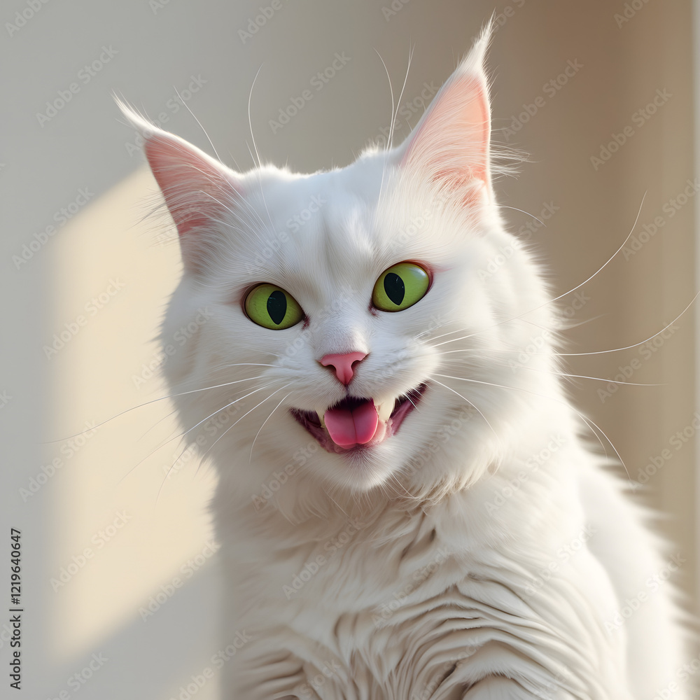 A playful white cat, with bright green eyes and a pink nose, is captured in a humorous, candid photo, showcasing its goofy expression and comedic pose, set against a clean, minimalist background .