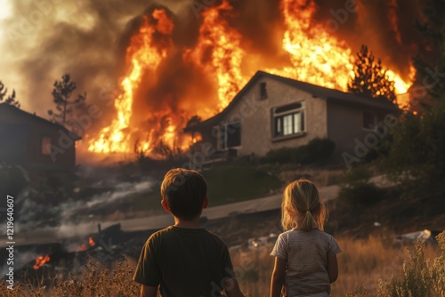 A tragic scene unfolds as a massive wildfire engulfs homes, with two young children helplessly witnessing the destruction, surrounded by thick smoke and flames that threaten everything photo