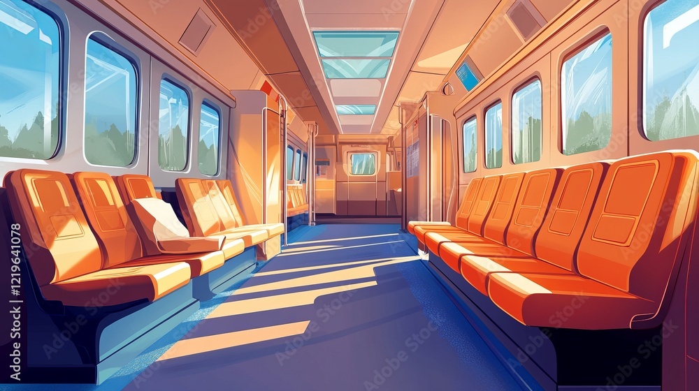Various styles of train car interiors presented in a vector illustration, emphasizing the travel-by-rail experience Various styles of train car interiors presented in a vector illustration, emphasizing the travel-by-rail experience
