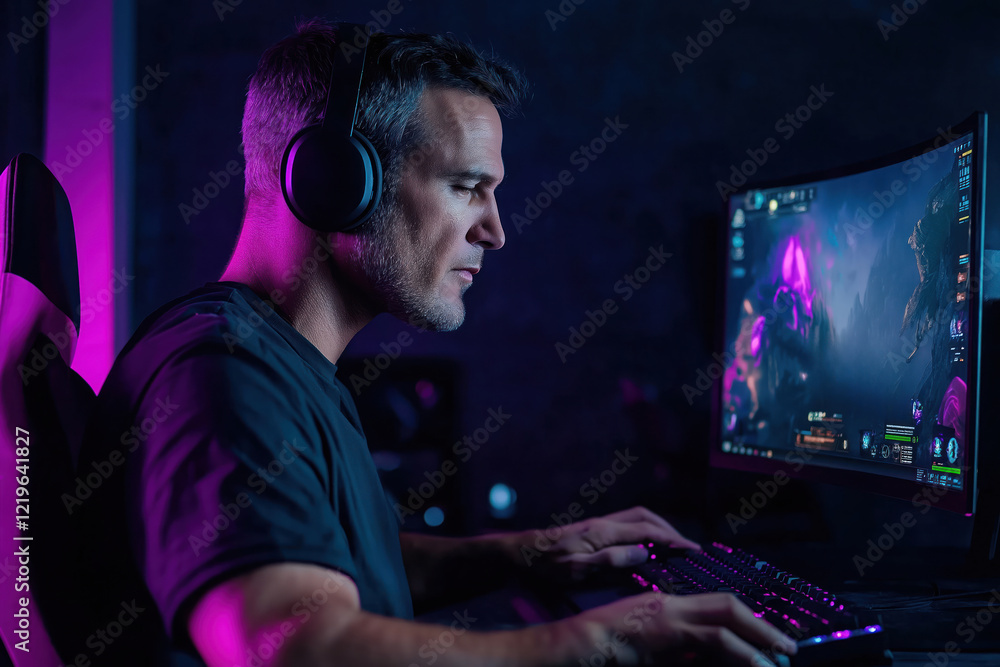 Man plays video game at night. Gamer focuses on modern computer screen. Focused, immersed in online gaming experience. Gamer uses headset, keyboard. Gaming room with neon lighting. Photo fits well Man plays video game at night. Gamer focuses on modern computer screen. Focused, immersed in online gaming experience. Gamer uses headset, keyboard. Gaming room with neon lighting. Photo fits well