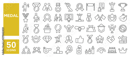 Set of 50 line icons related to medal, gold, bronze, silver, winner, award, prize, victory, champion, first, achievement, triumph, medallion, Editable stroke. Vector illustration