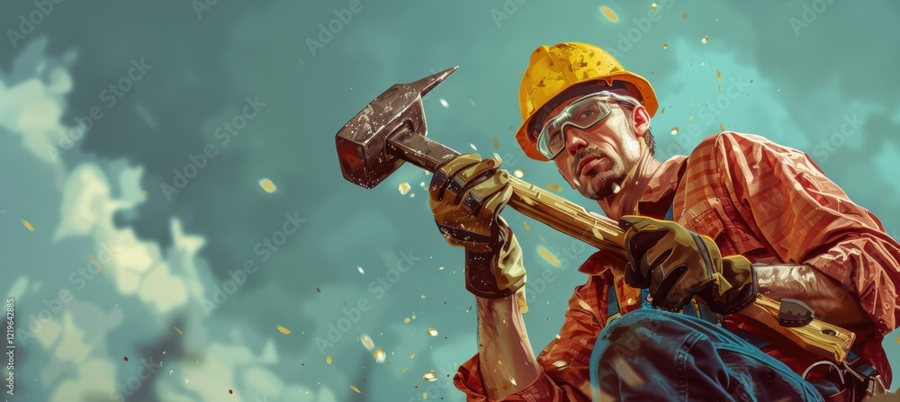 Fototapeta premium Construction Safety Demonstrated by Worker in Protective Gear for Safe Hammering Techniques