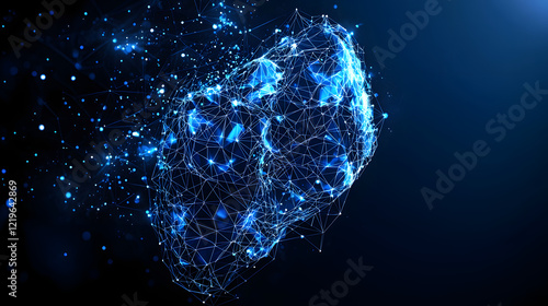 A low-poly digital illustration of a human liver, designed in blue polygonal lines and glowing points, resembling a starry sky. Represents health, technology, and medical innovation photo