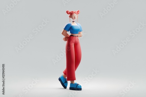 A 3D cartoon woman with red hair  blue top and red pants.