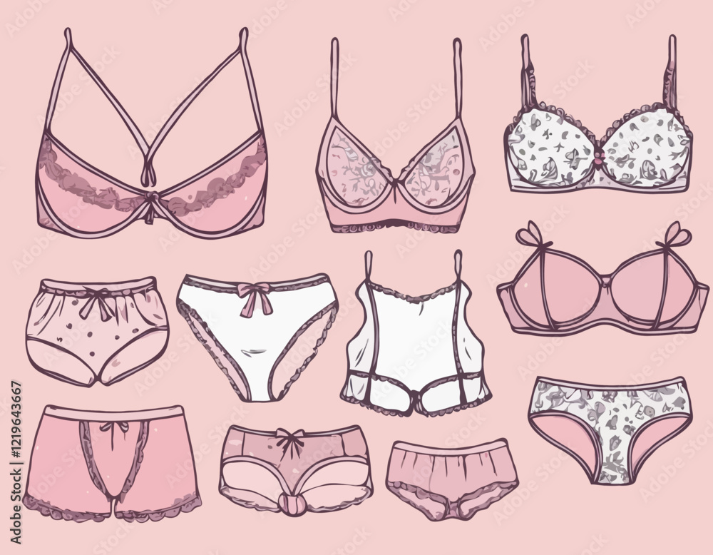 Coquettish pink lingerie doodle set, vector romantic female underwear hand drawn illustration, bra. Woman elegant dress outline, Valentine feminine accessories, dress, ribbon. Corset lingerie doodle
Coquettish pink lingerie doodle set, vector romantic female underwear hand drawn illustration, bra. Woman elegant dress outline, Valentine feminine accessories, dress, ribbon. Corset lingerie doodle