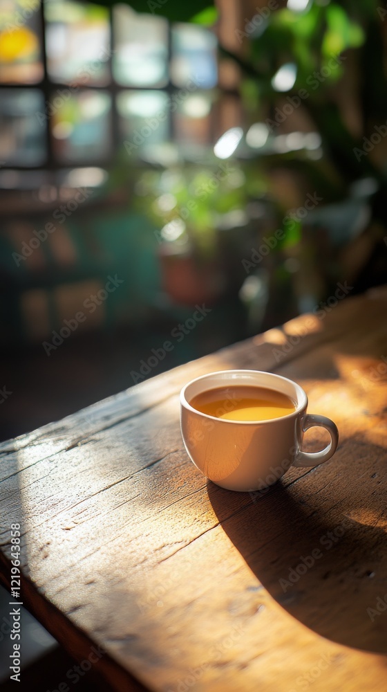 Enjoying a warm cup of coffee on a rustic wooden table in a cozy caf setting Enjoying a warm cup of coffee on a rustic wooden table in a cozy caf setting