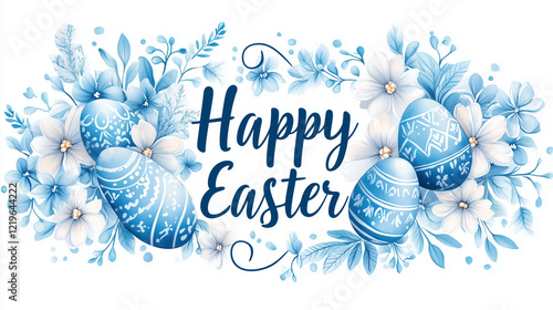 Delicate spring flowers and beautifully colored Easter eggs fill the banner with soft pastel hues. The elegant calligraphy of Happy Easter enhances the warm spring celebration essence