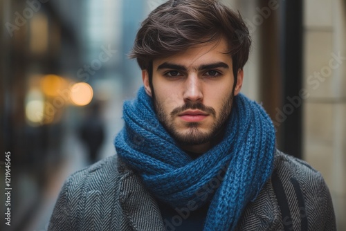 Man wears cozy oversized blue scarf in urban setting during chilly winter day photo