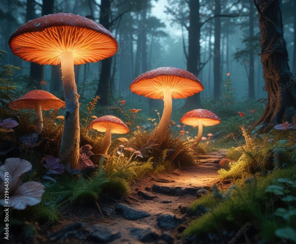 Fototapeta premium Glowing fungi and plants illuminating a mystical forest clearing, magical, forest clearing, undergrowth