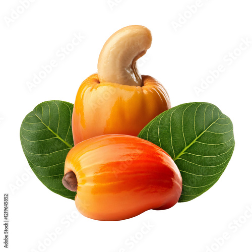 Cashew Fruits and Nuts: Two ripe cashew fruits, vibrant orange-red, sit alongside their nuts, showcasing the transformation from fruit to nut. Lush green leaves frame the scene.