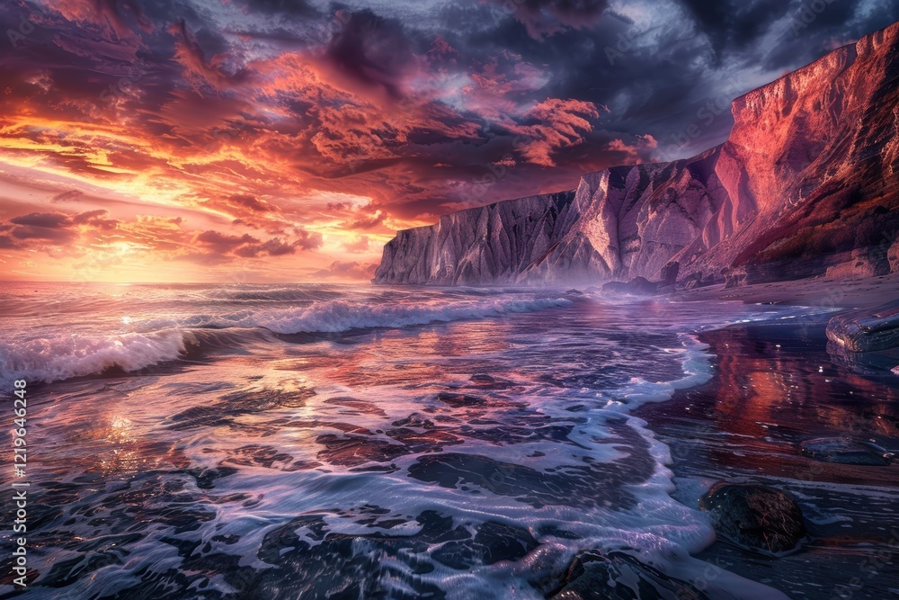 Naklejka premium Dramatic Rocky Coastline at Dawn with Vibrant Sky Reflections and Powerful Waves