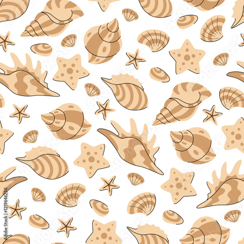 Shells and starfish seamless pattern. Beige mollusks on white background. Summer tropical background. Perfect for fabric and wallpapers.