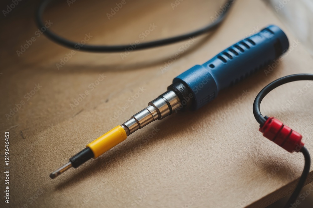 A close-up view of a multi-bit precision screwdriver with interchangeable tips. A close-up view of a multi-bit precision screwdriver with interchangeable tips.