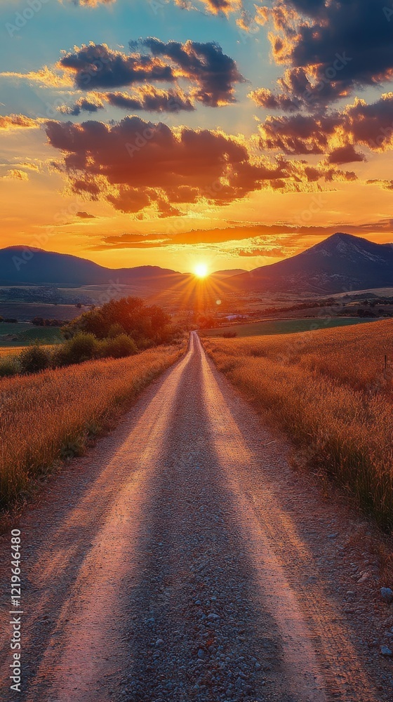 Fototapeta premium Golden sunset rays illuminating a winding road through peaceful countryside