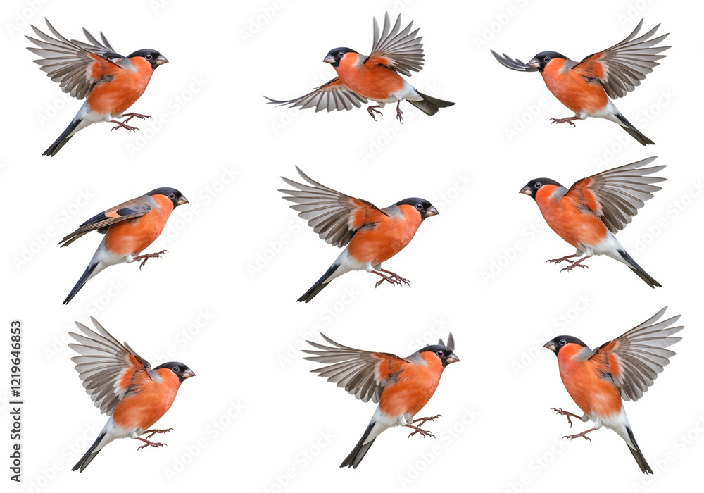 Fototapeta premium Collection set of flying Eurasian Bullfinch birds isolated on white background,
