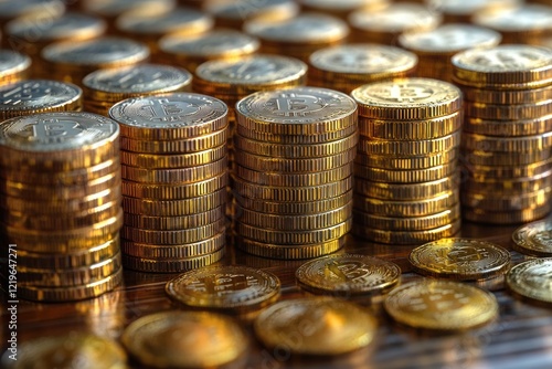 A stack of coins sitting on a flat surface, ready for counting or investment photo