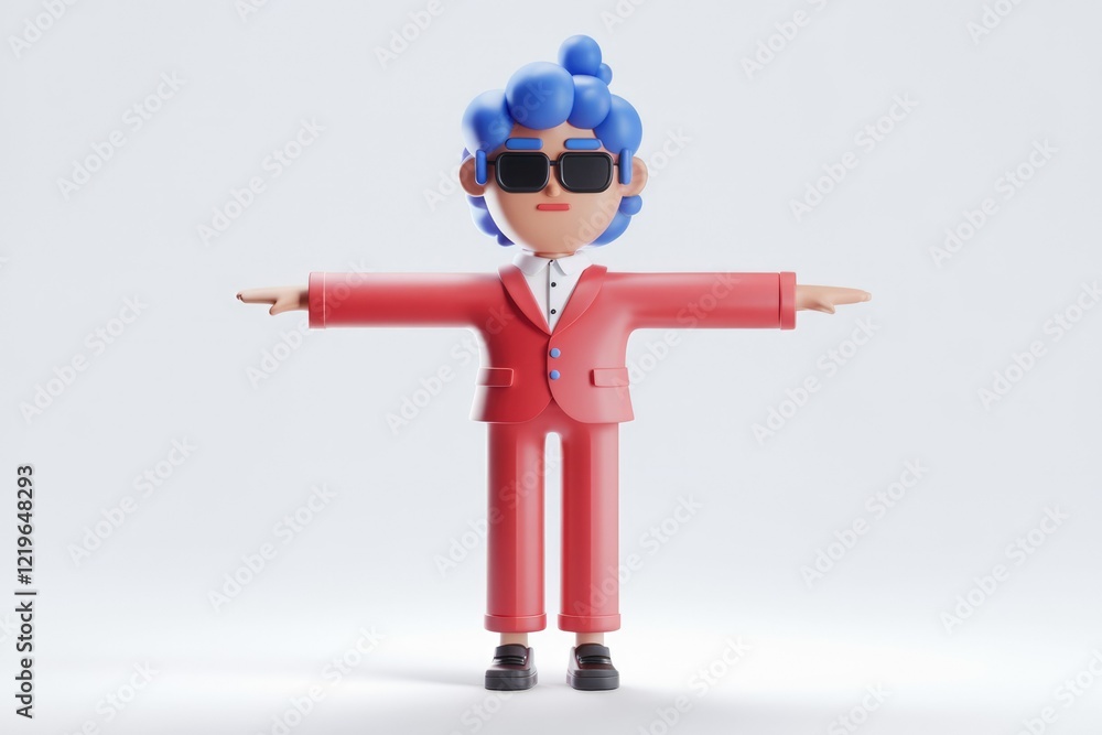 A 3D cartoon character with blue hair sunglasses and a red suit. A 3D cartoon character with blue hair sunglasses and a red suit.
