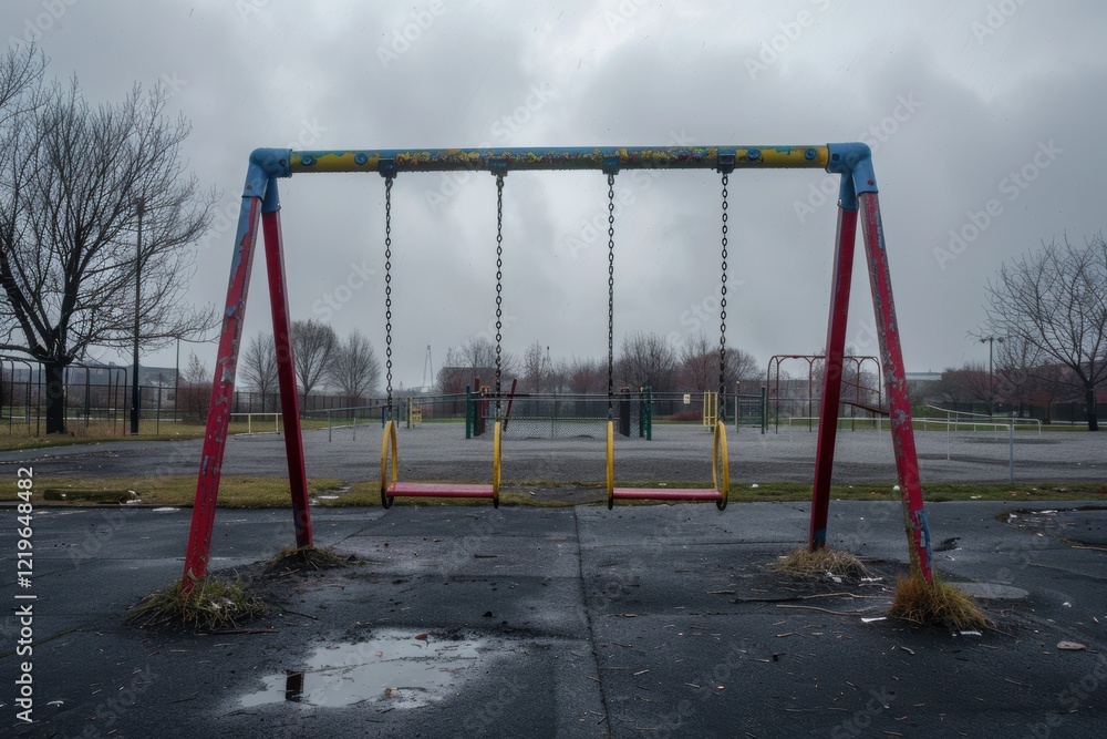 Lonely Playground Scene Under Overcast Sky - Emotive Urban Space for Design Lonely Playground Scene Under Overcast Sky - Emotive Urban Space for Design