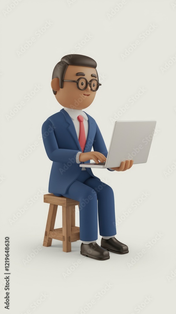A 3D cartoon businessman wearing a suit and glasses is sitting on a stool and using a laptop. A 3D cartoon businessman wearing a suit and glasses is sitting on a stool and using a laptop.