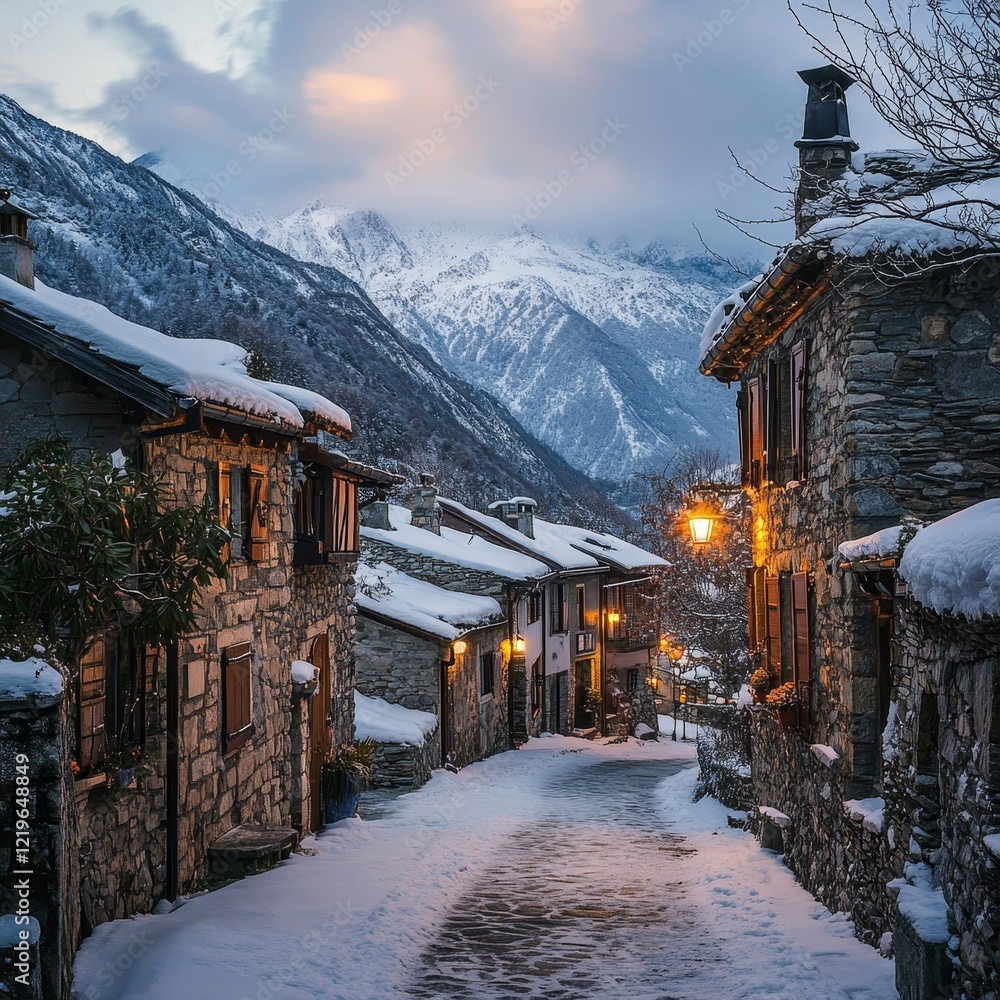 Fototapeta premium A tranquil village street is blanketed in snow, with warmly lit houses lining the path, set against the majestic backdrop of towering snow-capped mountains at dusk.