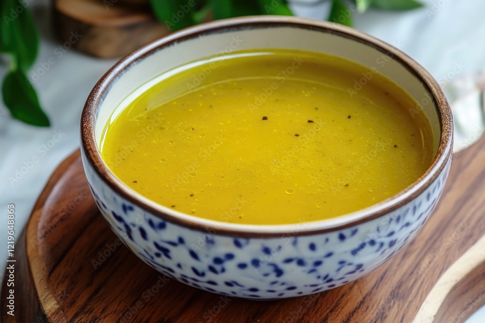 A warm and inviting bowl of soup placed on a rustic wooden board, perfect for a cozy meal or snack A warm and inviting bowl of soup placed on a rustic wooden board, perfect for a cozy meal or snack