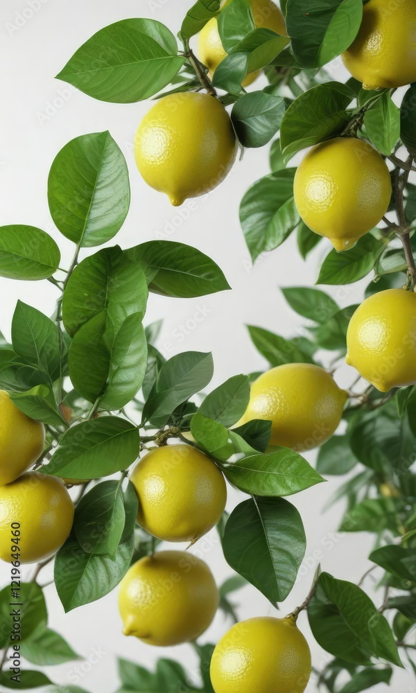 Green lemon citrus foliage against white background, vibrant colors, culinary ingredient Green lemon citrus foliage against white background, vibrant colors, culinary ingredient