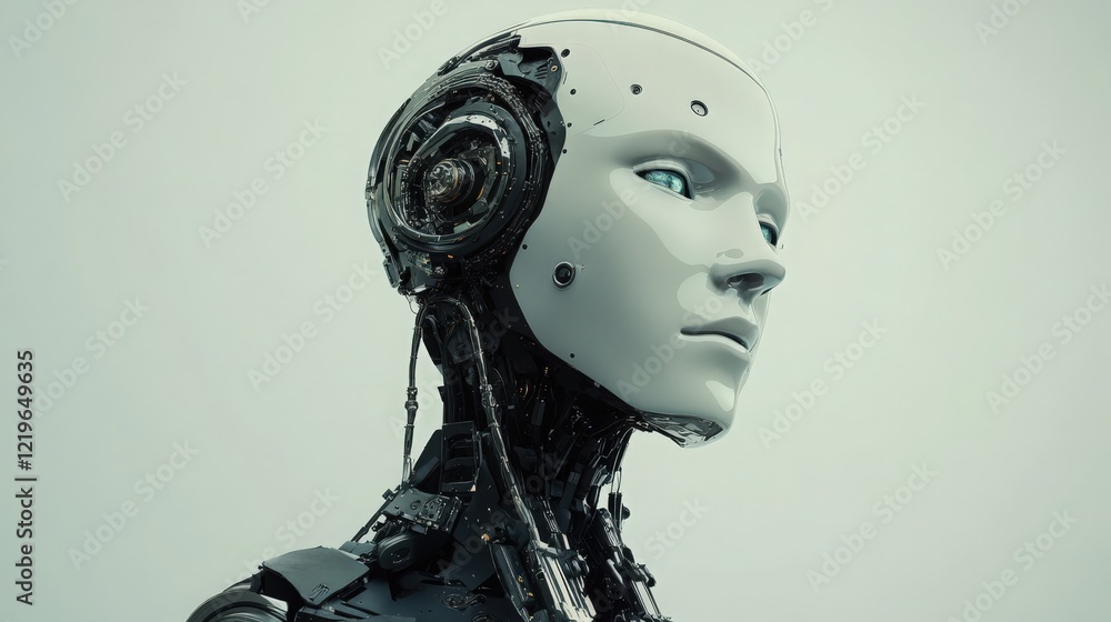 Close-up of a futuristic humanoid robot head with intricate mechanical details and sleek design Close-up of a futuristic humanoid robot head with intricate mechanical details and sleek design