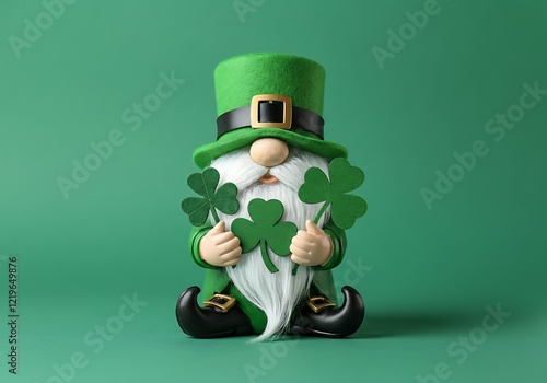 St. patrick's day gnome holding shamrocks in green hat and outfit