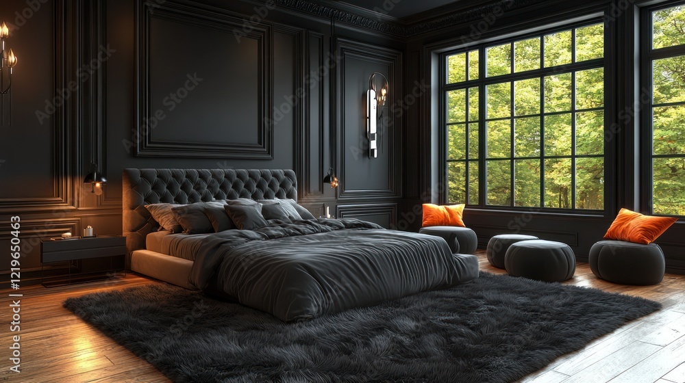 Dark bedroom interior design, large window, forest view, luxury home staging Dark bedroom interior design, large window, forest view, luxury home staging