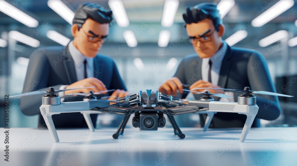Two businessmen meticulously examine a sophisticated drone, showcasing technological advancement. Two businessmen meticulously examine a sophisticated drone, showcasing technological advancement.