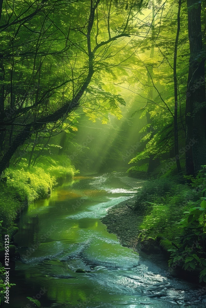 Tranquil Forest River: Sunlit Serenity for Nature Design and Prints Tranquil Forest River: Sunlit Serenity for Nature Design and Prints