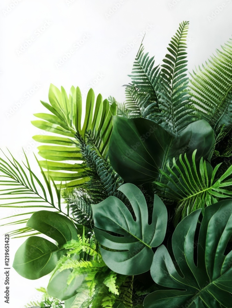 Obraz premium A vibrant collection of tropical leaves and exotic plants, showcasing lush green foliage in a stunning photorealistic style, perfect as a natural backdrop or innovative design element