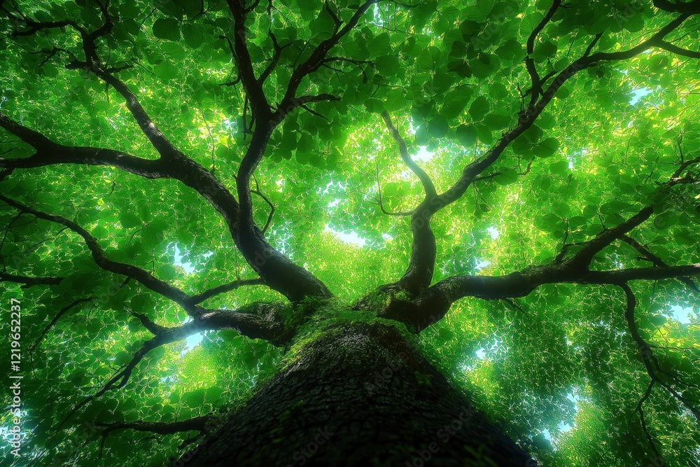 Fototapeta premium Stunning bottom view of rich tropical tree branches, leaves. Sunlight filters through vibrant plants. Healthy, peaceful natural scene. Rich foliage creates shade. Eco-friendly park garden in summer.
