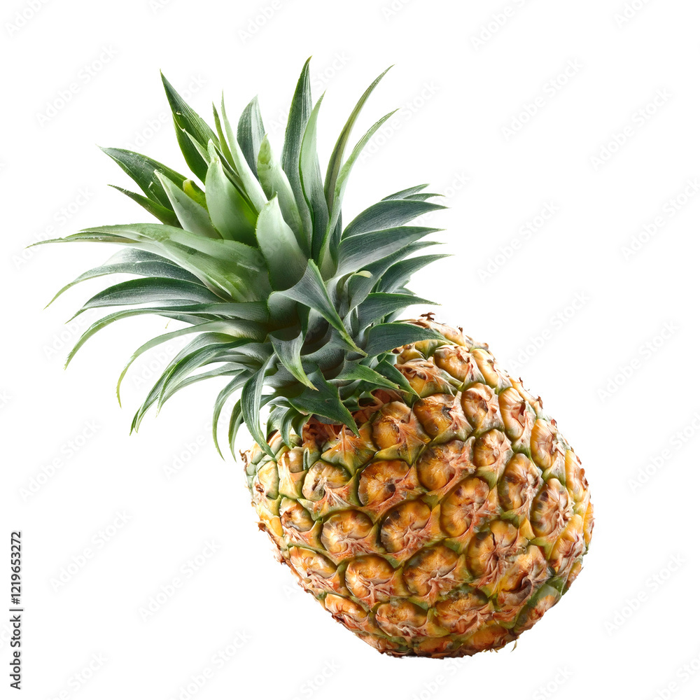 Ripe Pineapple: A single, ripe pineapple sits in a vibrant display, showcasing its golden-brown skin and spiky green crown. The image is a perfect representation of tropical freshness. Ripe Pineapple: A single, ripe pineapple sits in a vibrant display, showcasing its golden-brown skin and spiky green crown. The image is a perfect representation of tropical freshness.