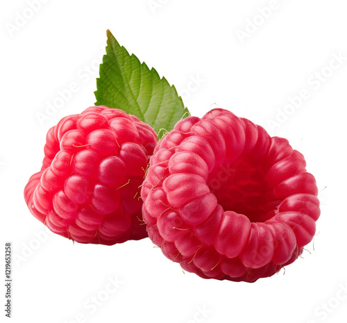 Ripe Raspberries: Two plump, vibrant red raspberries with a single green leaf, capturing the essence of summer's bounty and sweet delight. 