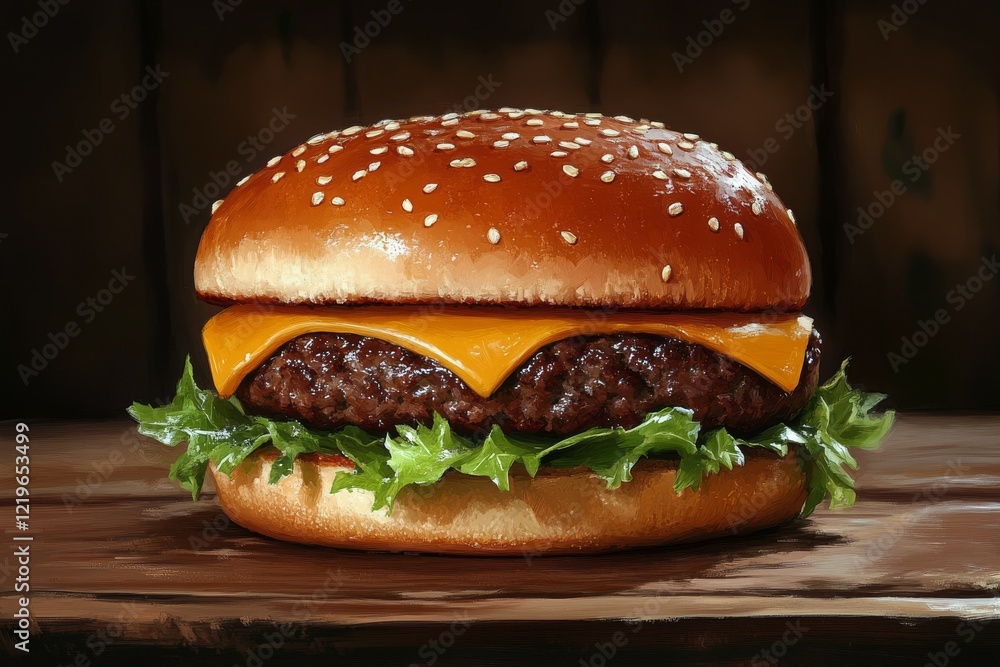 Delicious cheeseburger with lettuce and pickles on a wooden table Delicious cheeseburger with lettuce and pickles on a wooden table