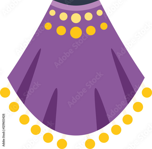 Purple skirt with yellow circles representing belly dancer outfit in flat style design, traditional clothes for oriental dance